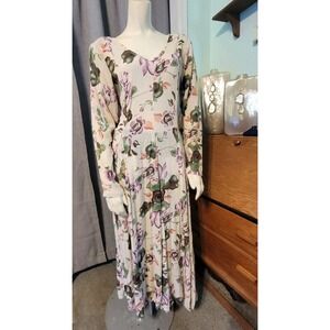 M.P.H. Vtg Cream Purple Floral Long Sleeve Maxi Dress Boho Cottagecore 90s